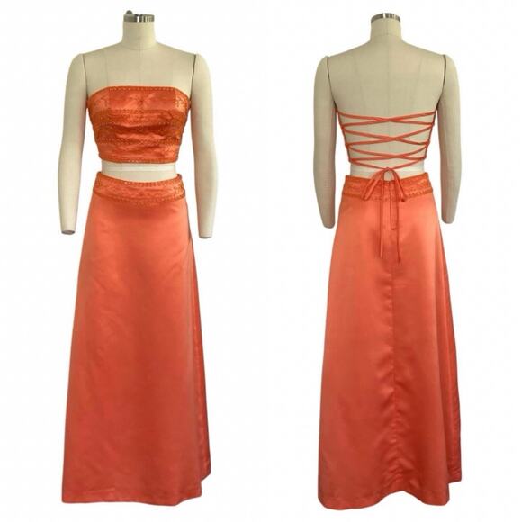 Y2K Ciret Beaded Orange Two Piece Formal Dress with Corset Tie - Picture 1 of 8
